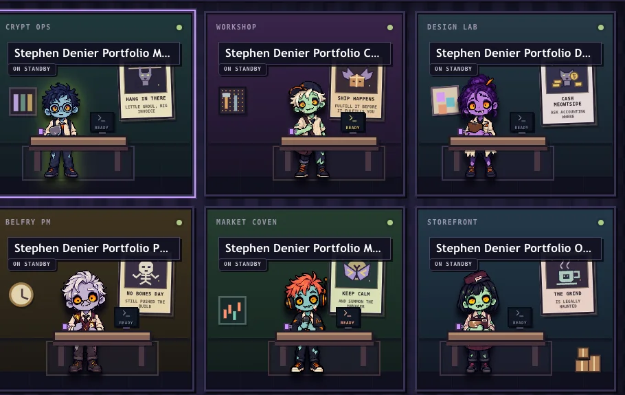 Cropped screenshot of six illustrated agent rooms in Hermes Monster Office