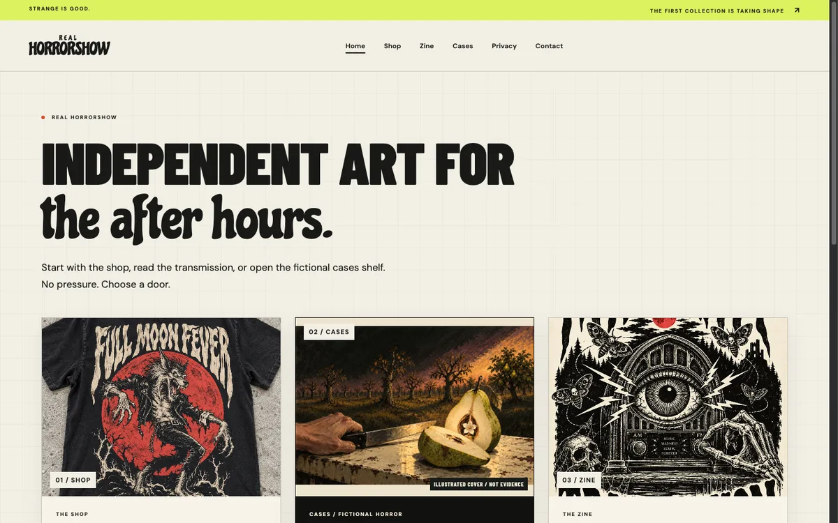 Screenshot of the Real Horrorshow home page showing its headline and three illustrated sections